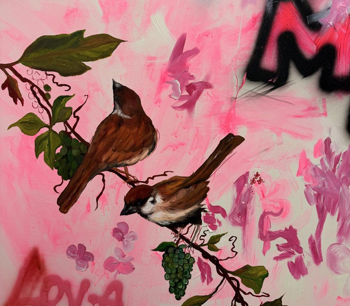 Painting by Rosie Dilys of two sparrows on a vine with grapes, on a pink ground